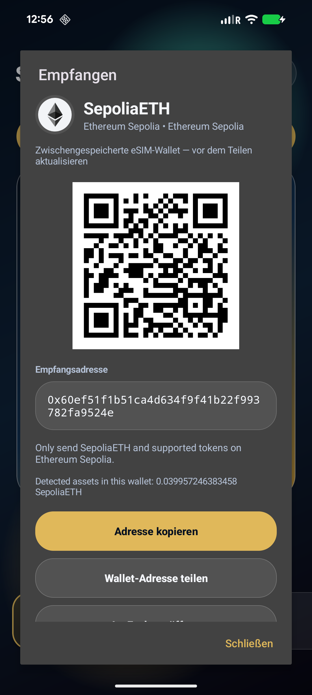 Echter Ethereum-Empfangsbildschirm aus der SaferWallet-App auf einem Pixel 8